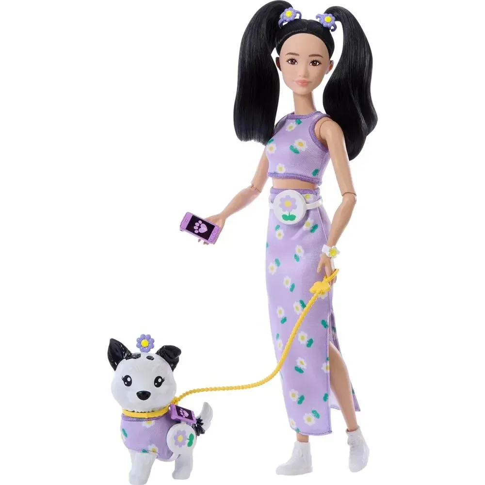 Barbie Twinning Looks Doll with Pet Dog in Matching Purple Daisy Clothes NWT
